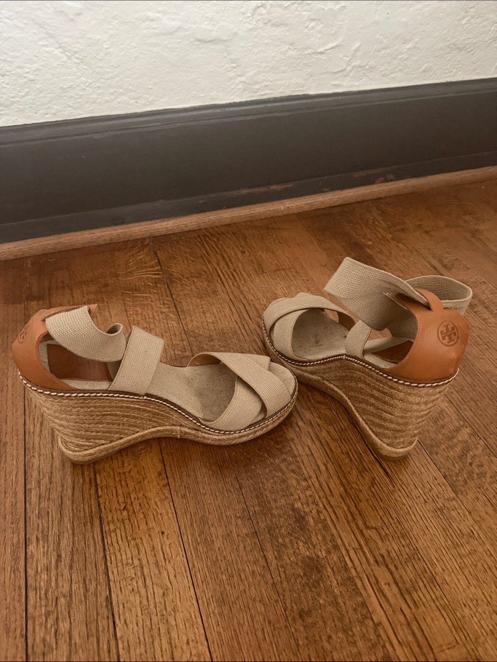 Tory Burch Beige Canvas and Tan Leather Wedge Sandals